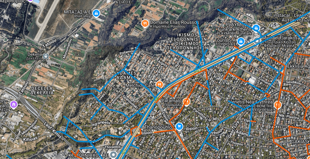 Χάρτης περιοχής Αδάμες με ενδείξεις οδών και έργων υπογειοποίησης.