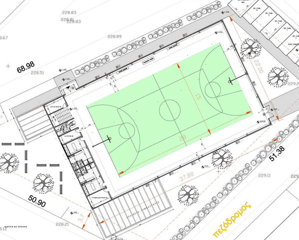 Σχέδιο του κλειστού γηπέδου των Αδαμών, που περιλαμβάνει την κεντρική αθλητική περιοχή και τις γύρω εγκαταστάσεις.