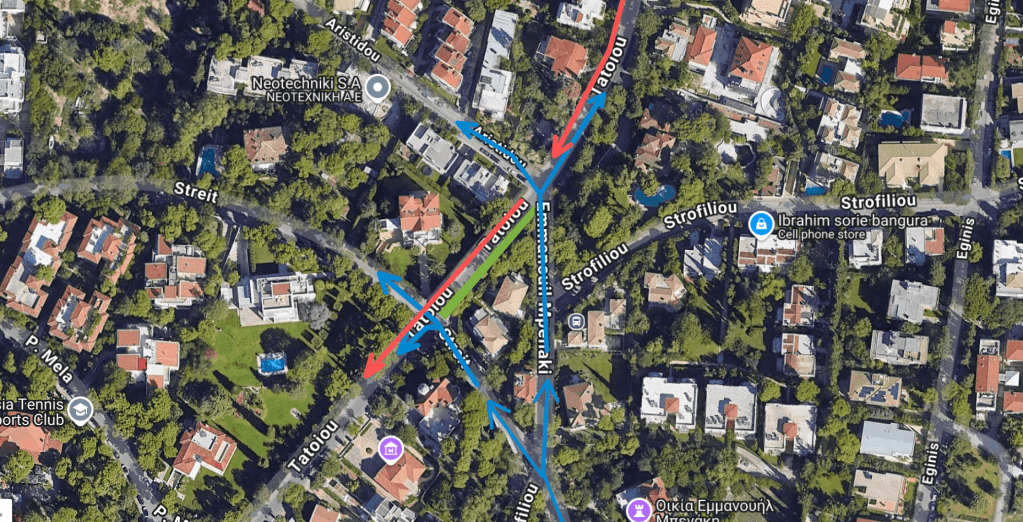 Εναέρια άποψη του κόμβου Οδού Τατοΐου και παρακείμενων οδών, με επισημασμένες κατευθύνσεις και προτάσεις για βελτίωση της κυκλοφορίας.